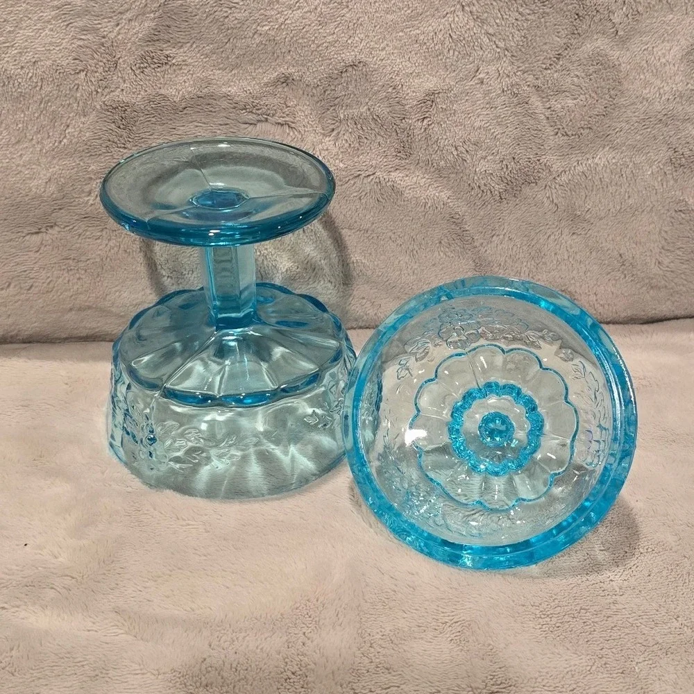 Vintage Westmoreland Blue Glass Candy Dish Lidded Compote Grape/Leaf Pattern
